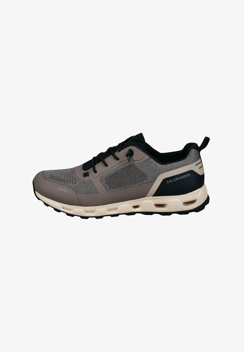 Sport sneakers with a gray mesh upper, black accents, and a lightweight beige sole. Features a lace-up design and logo on the side.