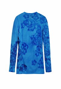 Langärmliges Hemd in lebhaftem Blau mit floralem Muster. Der strukturierte Stoff weist hellblaue Akzente im gesamten Design auf.