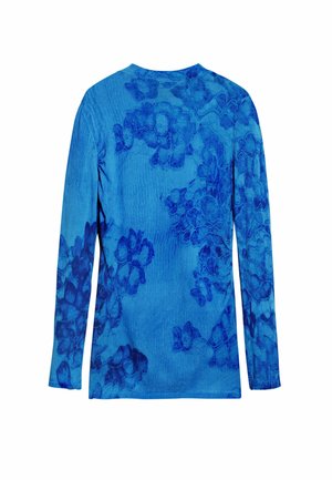 Langärmliges Hemd in lebhaftem Blau mit floralem Muster. Der strukturierte Stoff weist hellblaue Akzente im gesamten Design auf.