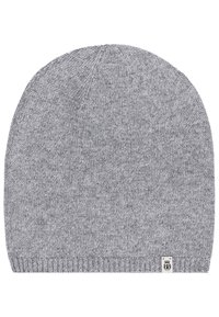 Gray knit beanie hat, soft texture, ribbed hem, rounded crown, featuring a small logo tag on the side. Suitable for cold weather.