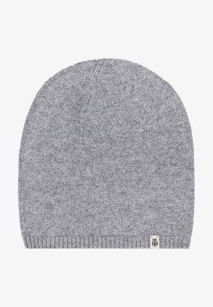 Gray knit beanie hat, soft texture, ribbed hem, rounded crown, featuring a small logo tag on the side. Suitable for cold weather.