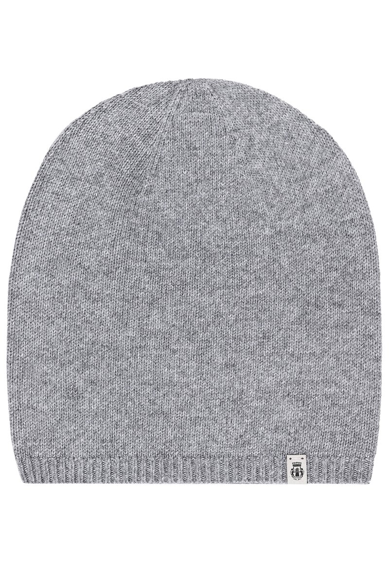 Gray knit beanie hat, soft texture, ribbed hem, rounded crown, featuring a small logo tag on the side. Suitable for cold weather.
