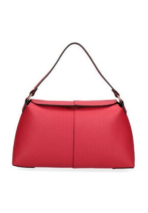 Borsa a tracolla in pelle rossa con manico superiore, forma strutturata e chiusura a patta, mostrata su sfondo bianco.