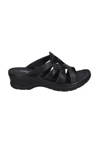 Sandalo in pelle nera a scivolo con fascette incrociate, finitura testurizzata, soletta imbottita e suola a zeppa bassa per il comfort.
