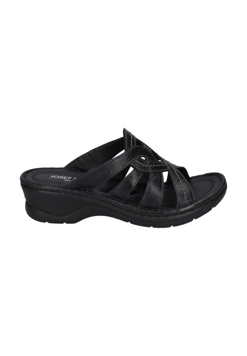 Sandalo in pelle nera a scivolo con fascette incrociate, finitura testurizzata, soletta imbottita e suola a zeppa bassa per il comfort.