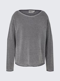 Maglione a maglia testurizzato in bianco e nero con maniche lunghe e scollo rotondo, esposto su uno sfondo grigio chiaro.