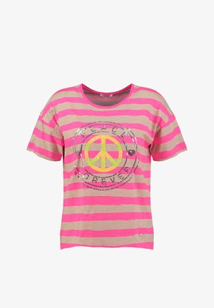 Koszula z krótkim rękawem w poziome różowo-beżowe paski, z żółtym symbolem pokoju i napisem „Peace Forever” z cekinów na przodzie.