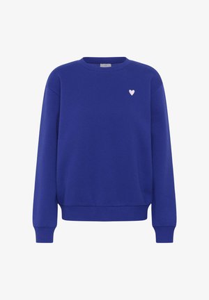 Kobaltno moder sweatshirt iz mehkega materiala, z okroglim izrezom, rebrastimi manšetami in majhnim vezenim rožnatim srcem na prsih.
