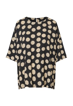 Zwarte korte mouwen top met grote beige stippen, gemaakt van zachte stof. Heeft een ronde hals en een comfortabele pasvorm. Geen zichtbare sluitingen.