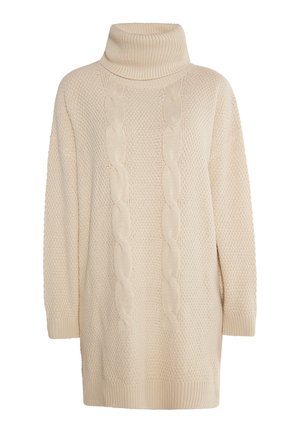 Beige knitted sweater with a high turtleneck, featuring cable knit patterns down the front and ribbed cuffs and hemline. Cozy texture.