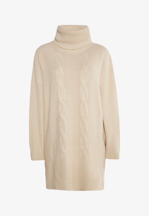 Beige kötött pulóver magas garbóval, elől kábelmintás, bordázott mandzsettákkal és aljjal. Kellemes tapintású.