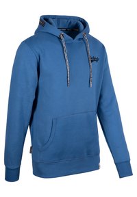 Blue hooded sweatshirt made of cotton blend, featuring a front kangaroo pocket, patterned drawstrings, and ribbed cuffs and hem.