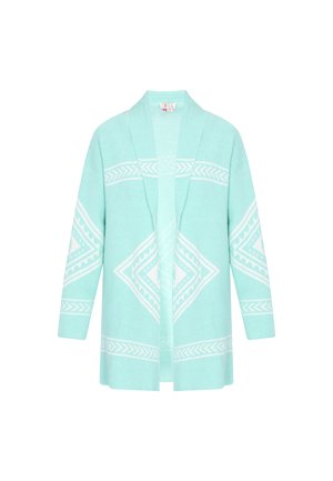 Light green cardigan featuring an open front, long sleeves, and a diamond pattern in white. Made of soft fabric with a cozy texture.