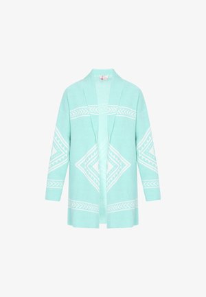 Cardigan verde claro con un frente abierto, mangas largas y un patrón de diamantes en blanco. Fabricado en un tejido suave con una textura acogedora.