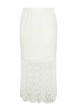 Weißer Midirock mit elastischem Bund, durchgehendem Oberteil und transparentem, mit floralem Muster verziertem Spitzenunterteil.