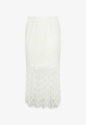 Witte midi-rok met elastische tailleband, effen bovenstuk en doorschijnend kanten onderste deel met bloemenpatroon.