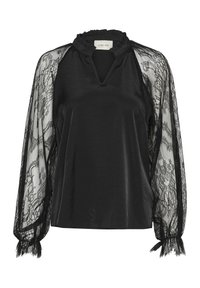 Juoda bluzelė su tekstūriniu satino kūnu ir juodais nėrinių ilgais rankovėmis, turinti raukšlėtą apykaklę ir elastingas rankoves. V formos dekoltė.