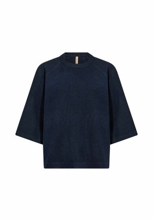 Marineblå kortærmet strikkesweater med rund hals og vide ærmer vist på hvid baggrund.