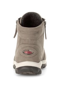 Gray suede ankle boot with a zip closure, padded interior, and textured rubber sole. Features a logo badge on the heel.