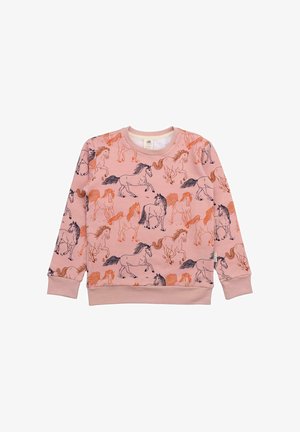 Rosa Sweatshirt mit einem Pferdemuster in Schwarz und Orange, langen Ärmeln, Rundhalsausschnitt sowie gerippten Bündchen und Saum. Baumwollmischgewebe.