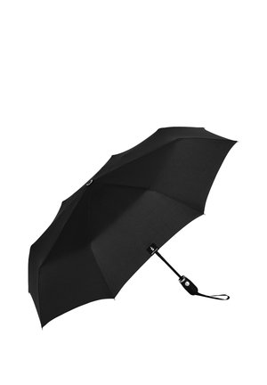 Schwarzer kompakter faltbarer Regenschirm mit Handschlaufe und automatischer Öffnungstaste am Griff, vollständig geöffnet.