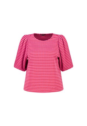 Top rayé rose et rouge à manches courtes bouffantes avec un col rond, taille moyenne.