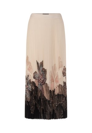 Pleated midi skirt in cream with black floral print. Features flowing fabric and smooth waistband, transitioning to a darker hem.