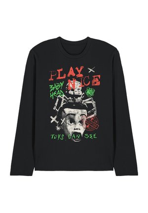 Black long-sleeve shirt with graphic of a shocked doll head, red text "PLAY NICE," green text "BABY HEAD" and "TOYS CAN SEE," and red "CLASSIFIED" stamp.