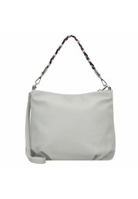Borsa a spalla in pelle grigia con manico intrecciato nero, bianco e bordeaux. Caratterizzata da un design elegante e una tracolla regolabile.
