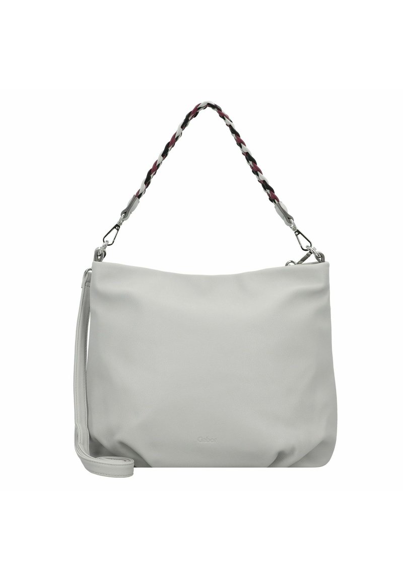 Borsa a spalla in pelle grigia con manico intrecciato nero, bianco e bordeaux. Caratterizzata da un design elegante e una tracolla regolabile.