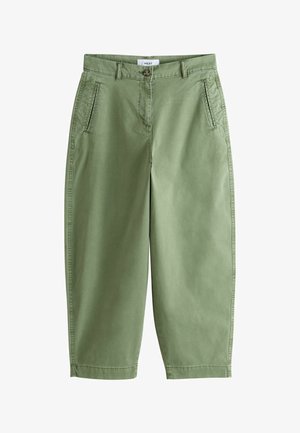 Pantaloni kaki verzi cropped cu talie înaltă, buzunare laterale cu deschidere, bucle pentru curea și închidere cu nasture în față.