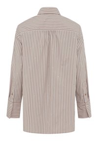 Brown and white striped shirt, long sleeves, button cuffs, back pleat detail, small decorative accents throughout fabric.