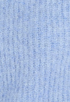 Hemelsblauwe gebreide stof met verschillende texturen, met fijne verticale ribbels en een zachte, pluizige textuur overal.