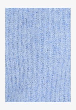 Hemelsblauwe gebreide stof met verschillende texturen, met fijne verticale ribbels en een zachte, pluizige textuur overal.