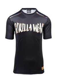 Zwarte sportshirt gemaakt van soepel, ademend materiaal. Bevat "GORILLA WEAR" in vette witte tekst en subtiele stippenpatronen. Korte mouwen.
