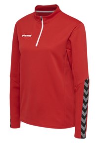 Maglietta sportiva rossa a maniche lunghe realizzata in tessuto texturizzato, dotata di una mezza zip, accenti bianchi e motivi a chevron neri sulle maniche.
