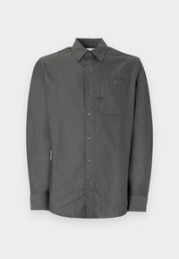 Gray striped long-sleeve shirt with a button-down collar and chest pocket, featuring small buttons and a textured fabric.