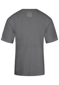 Gray short-sleeve t-shirt with a round neckline. Features a small logo printed in light gray at the back. Made of soft fabric.