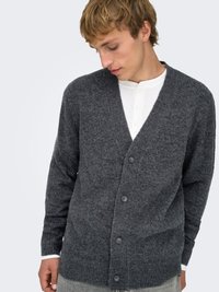 Gray wool cardigan with a v-neck, seven buttons down the front, and ribbed cuffs and hem. Layered over a white henley shirt.