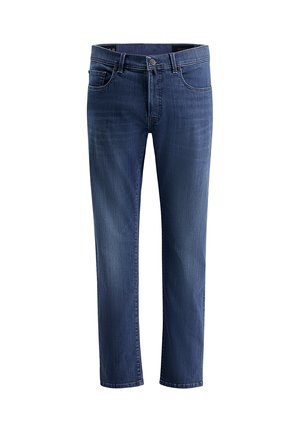 Donkerblauwe denim jeans met een rechte pijpdesign. Kenmerken zijn een sluiting met een knoop aan de voorkant, vijf zakken en subtiele vervaging op de benen.