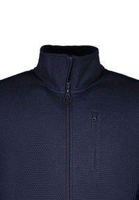 Fleece jack in marineblauw met een hoge kraag, gestructureerd patroon, middenrits en een rits op de borstzak aan de linkerkant.
