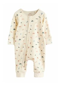 Kreemit värvi soonikkootud beebiriietus mitmevärviliste abstraktsete mustritega. Omadusteks esiküljel tõmblukk ja pikad varrukad mansettidega säärtes. Pehmest puuvillamaterjalist.