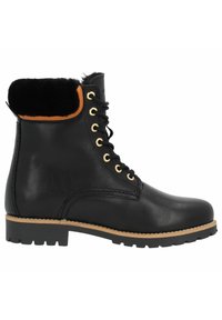 Botas de cuero negro hasta el tobillo con punta redonda, ojales dorados y detalles en beige. Cuentan con un puño de piel y una suela de goma resistente.