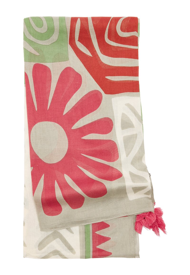 Kolorowy szalik w wzory z dużymi różowymi kwiatami, zielonymi akcentami i abstrakcyjnymi kształtami. Wykończony różowymi frędzlami po jednym końcu.