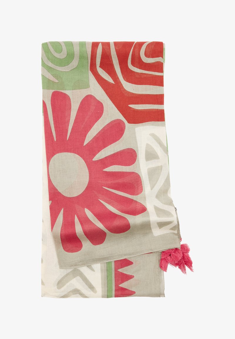 Kolorowy szalik w wzory z dużymi różowymi kwiatami, zielonymi akcentami i abstrakcyjnymi kształtami. Wykończony różowymi frędzlami po jednym końcu.