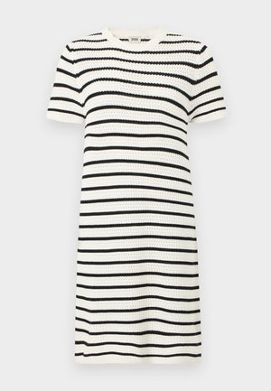 Knitted short-sleeve dress featuring alternating black and white stripes, round neckline, and a textured fabric. Relaxed fit, knee-length.