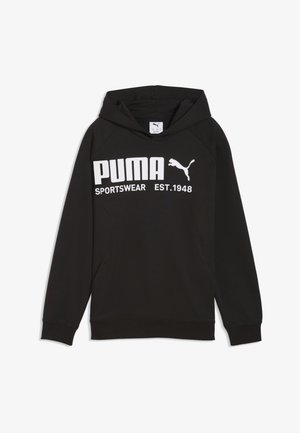 Hanorac negru Puma cu text alb "PUMA SPORTSWEAR EST. 1948" și logo Puma pe față, având glugă și mâneci lungi.