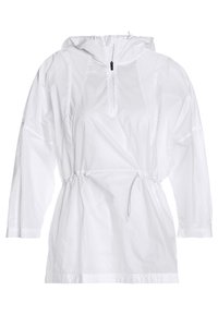 Pullover bianco realizzato in materiale leggero. Presenta un cappuccio, zip anteriore a metà, maniche lunghe e coulisse regolabile in vita.