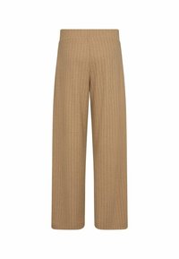 Beige weit geschnittene Hose mit vertikalen Streifen, aus einem glatten Stoffmaterial und mit einem elastischen Bund für Komfort.
