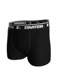 Bóxers negros hechos de un tejido elástico con una cinturilla ancha que presenta un logo blanco de "STARTER" y un diseño de estrellas. Textura suave y forma ceñida.